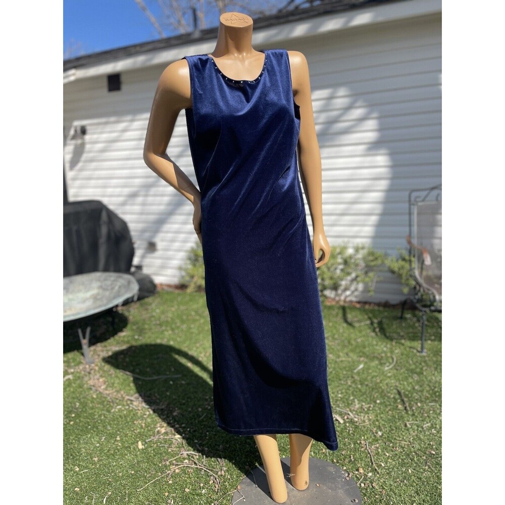 Vintage 1990s Miss & Mrs Blue Crushed Velvet Midi Rhinestone Slit Large Dress